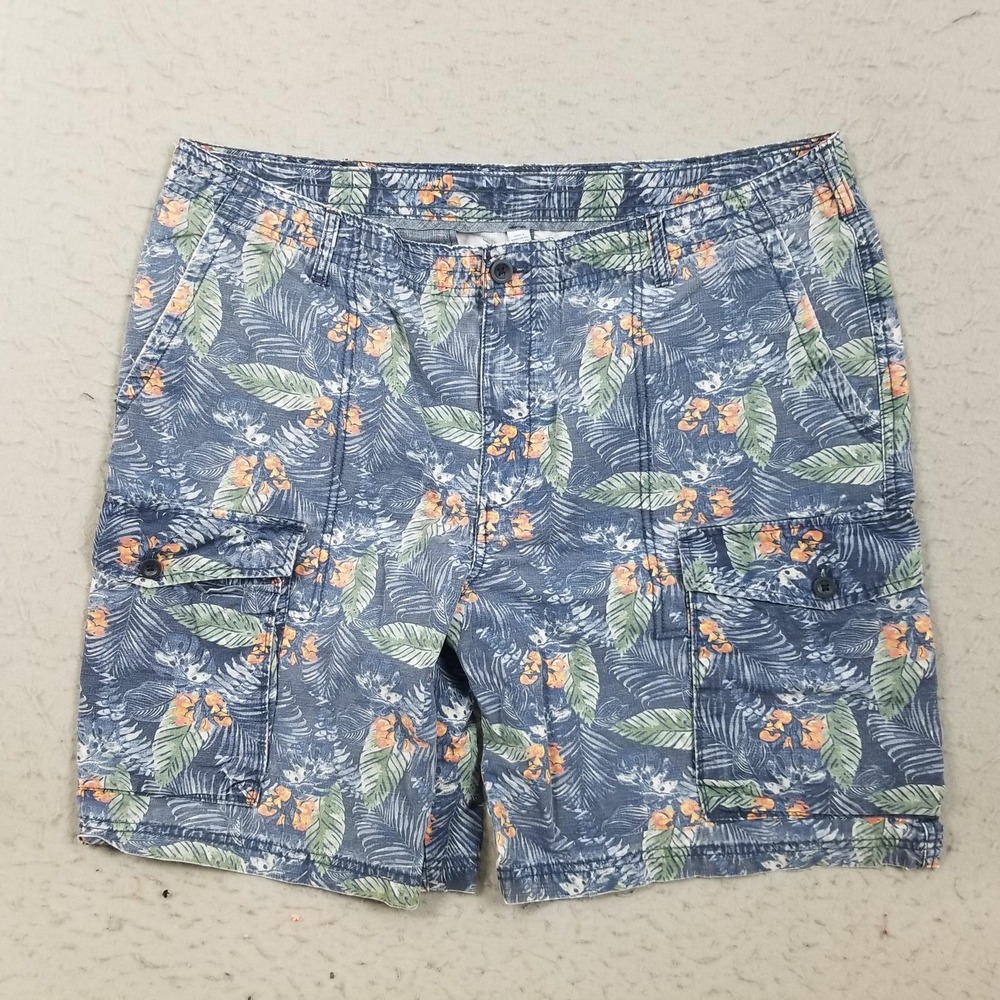 IZOD Shorts‎ Mens 38 Blue Tropical Floral Cargo Cotton Elastic Waist 10 Inseam